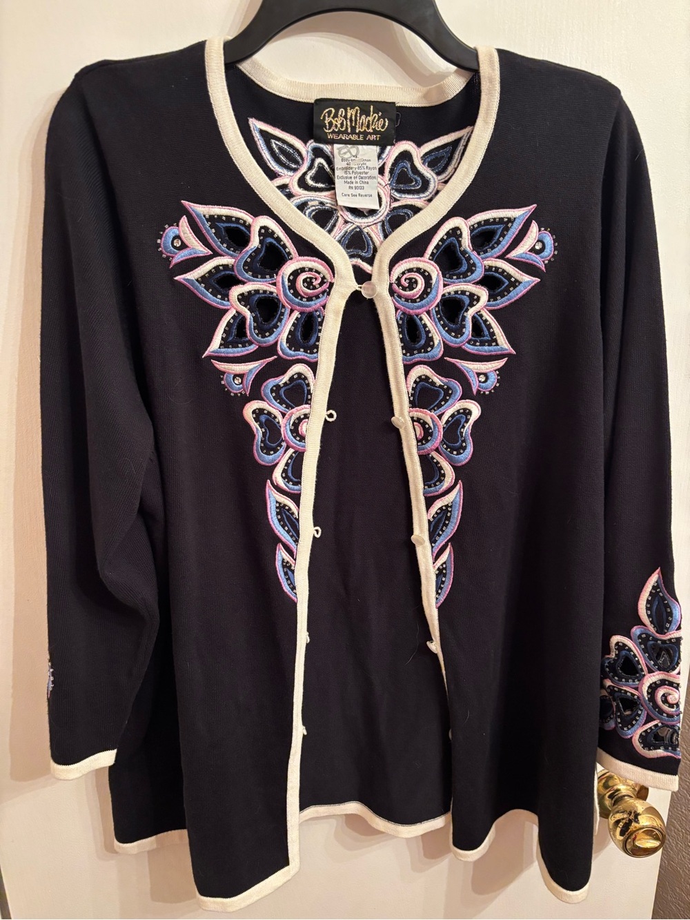 Bob Mackie Black Open Cardigan with Pink, Blue & Cream Embroidery